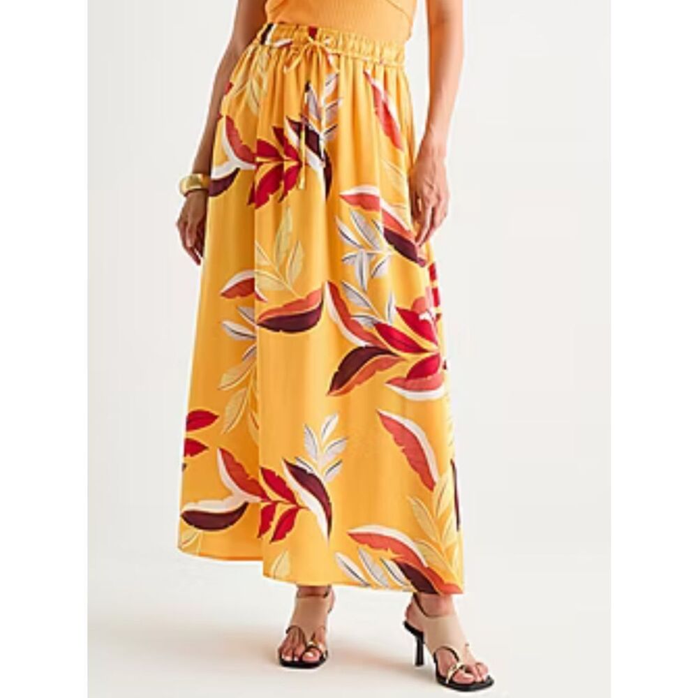 Worthington L Gold Red Tropical Rain Satin Drawstring Pull on Pocket Maxi Skirt - Picture 3 of 10